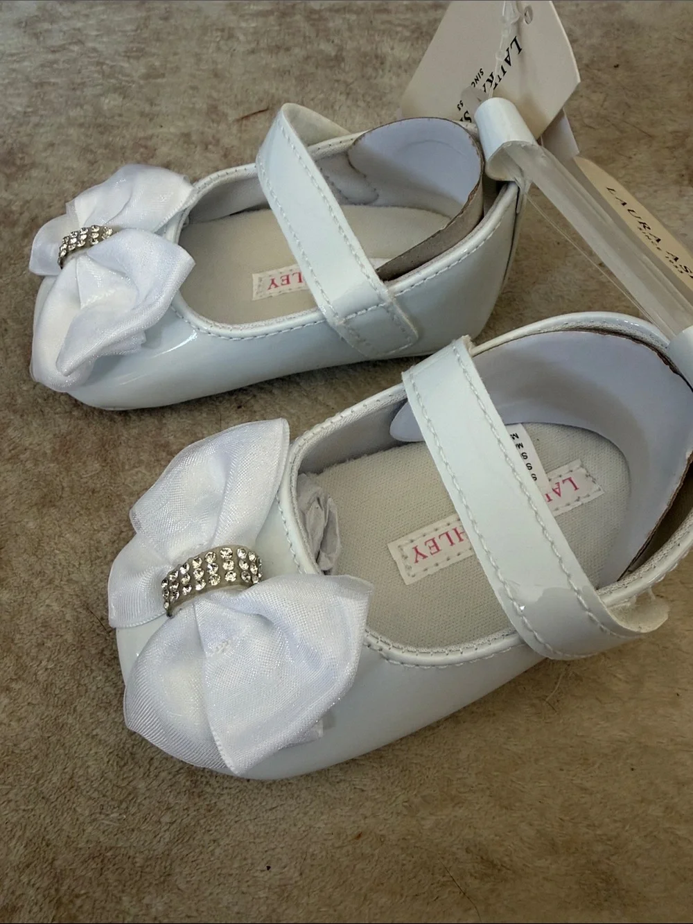 Laura Ashley White Patent Girls' Bow Mary Janes with Rhinestone Accent